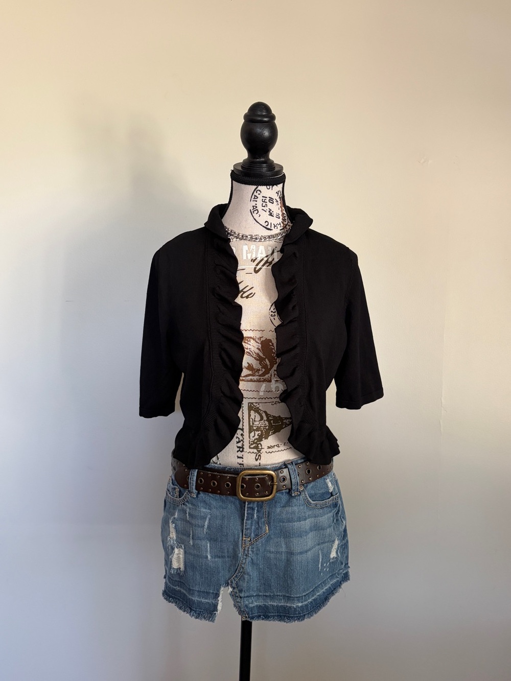 Y2K Black Ruffle Bolero Shrug Short Sleeve Top Whimsigoth 2000s - Picture 1 of 9